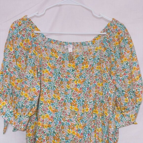 Lauren Conrad LC Floral Print Puff Sleeve Square Neck Button Front Blouse Top SM - Picture 4 of 7